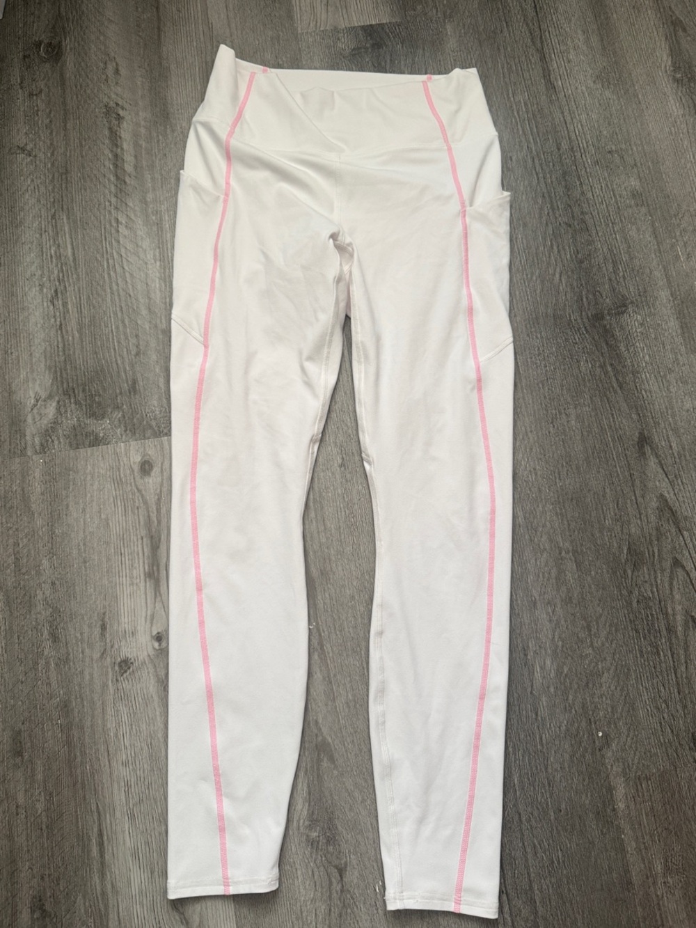 Fabletics Pure Luxe White Leggings with Pink Side Stripe and Pockets - Size M